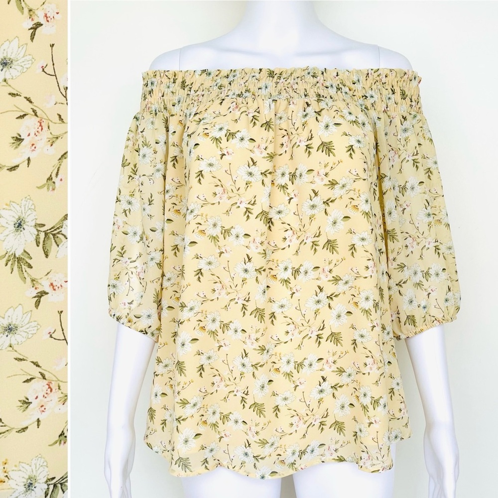 PLEIONE Off de Shoulder Georgette Floral Blouse Smocked Neckline 3/4 Sleeve